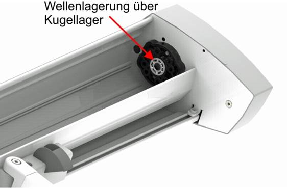 Detailansicht eines Antriebs mit Wellenlagerung über Kugellager.