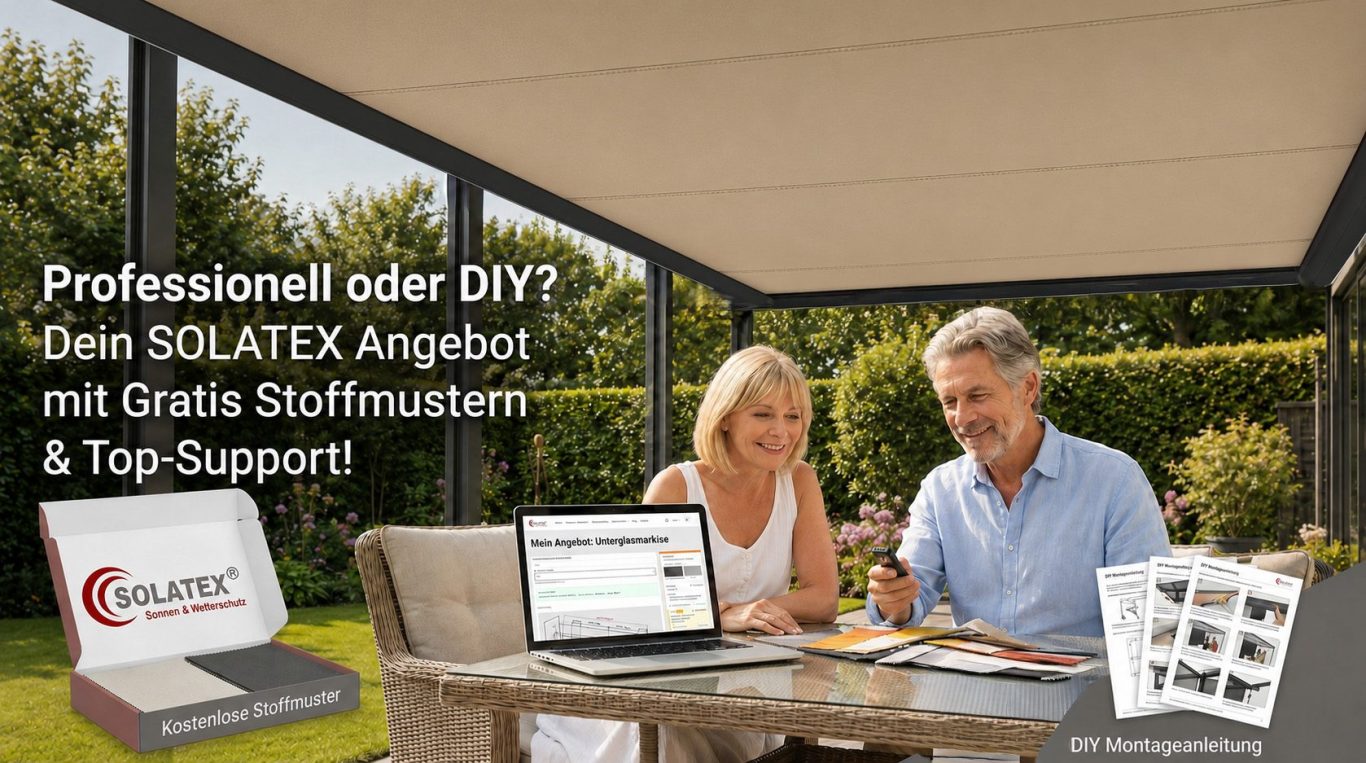Markise für Terrassenüberdachung online konfigurieren mit SOLATEX Angebot und Stoffmustern